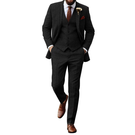 Men's 3-Piece Herringbone Tweed Suit – Slim Fit Formal Business Suit with Vest & Pants