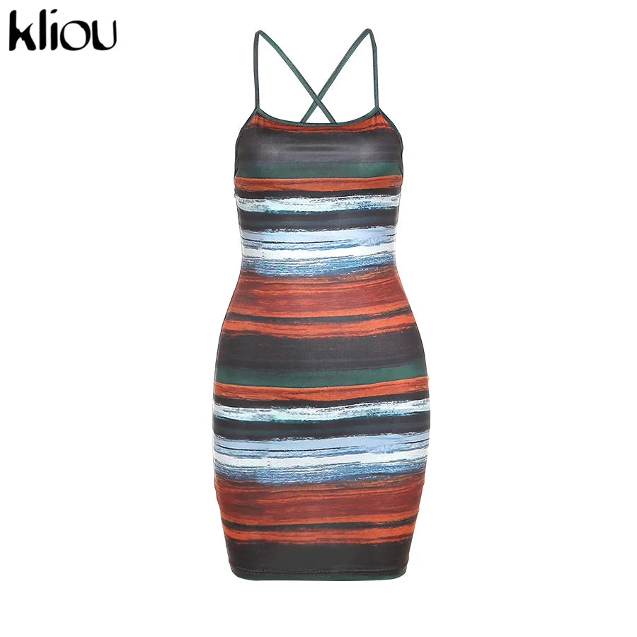 AMEHE Women's Panelled Striped Backless Slash-Neck Mini Dress
