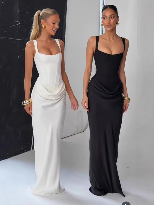 AMEHE Women's U-Neck Backless Ruched Bodycon Maxi Evening Dress