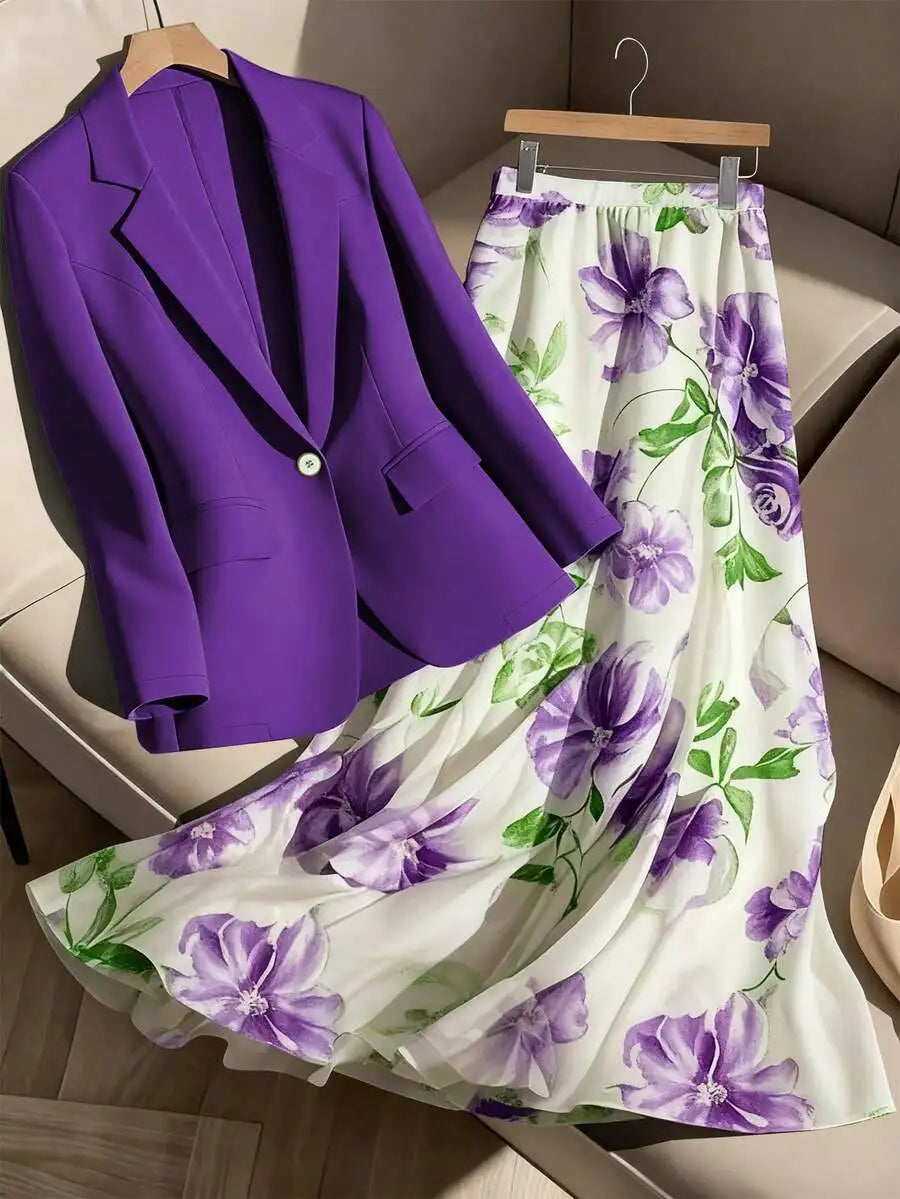 AMEHE Women’s Floral Blazer & A-Line Skirt – 2-Piece Outfit