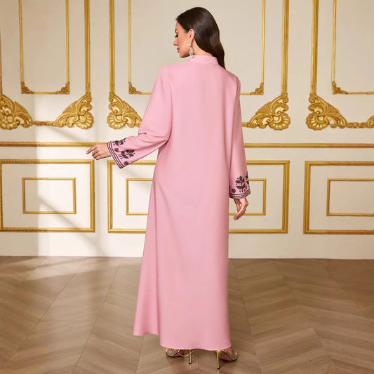 Women’s Printed Dubai-Inspired Abaya Robe – Elegant V-Neck Long Modest Dress