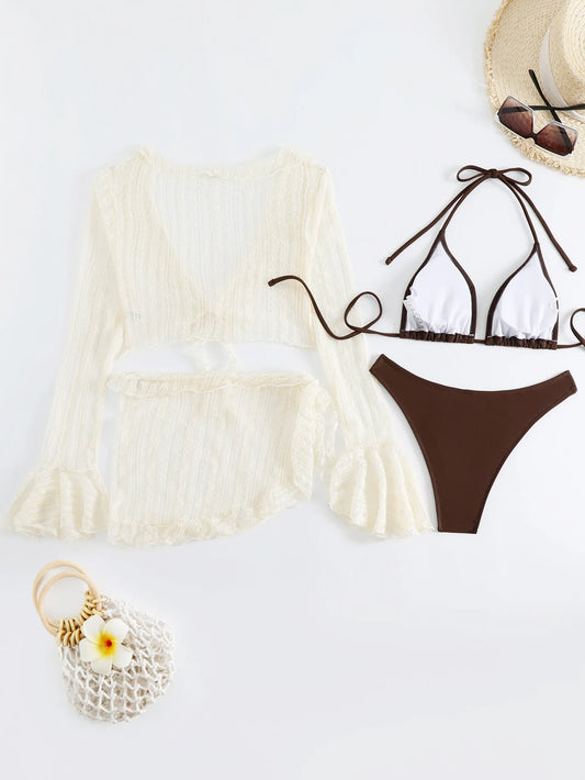 AMEHE 4-Piece Brown Bikini Set with Flared Sleeves and Lace Cover-Up
