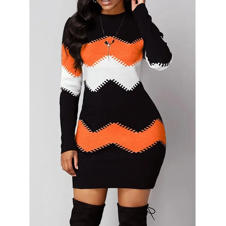 AMEHE Women's Rib Knit Patchwork Turtleneck Mini Sweater Dress