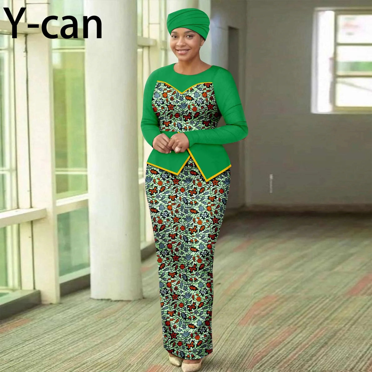 Women’s African Print Patchwork Gown with Headscarf – Elegant Wedding & Party Dress