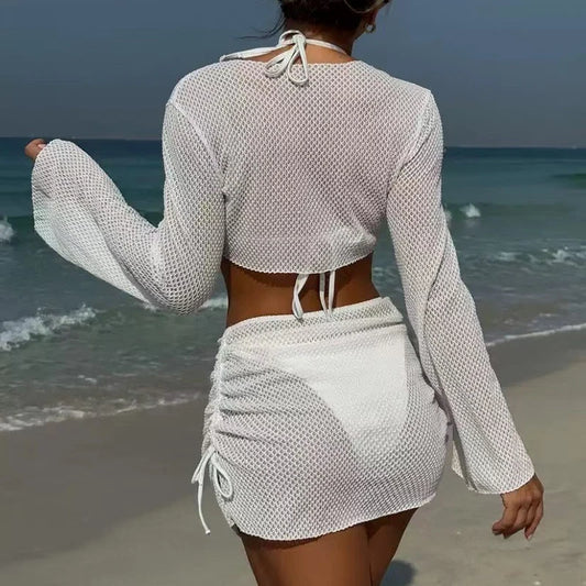 AMEHE 4-Piece Long Sleeve Triangle Bikini Set with Drawstring Skirt