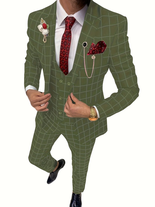 AMEHE Men’s Luxury 3-Piece Suit – Slim-Fit Double-Breasted Blazer, Vest & Pants for Weddings and Business