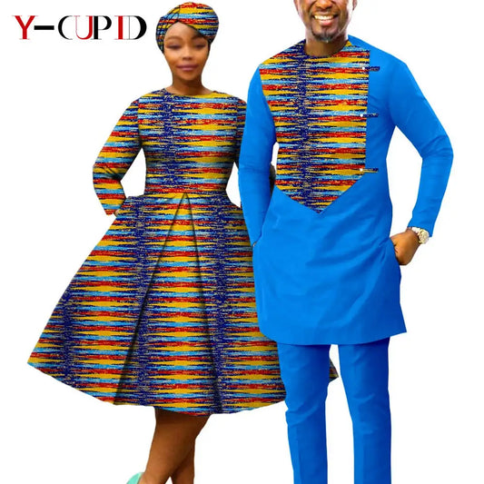 African Matching Couple Outfits | Dress, Headwrap & Men’s Dashiki Set