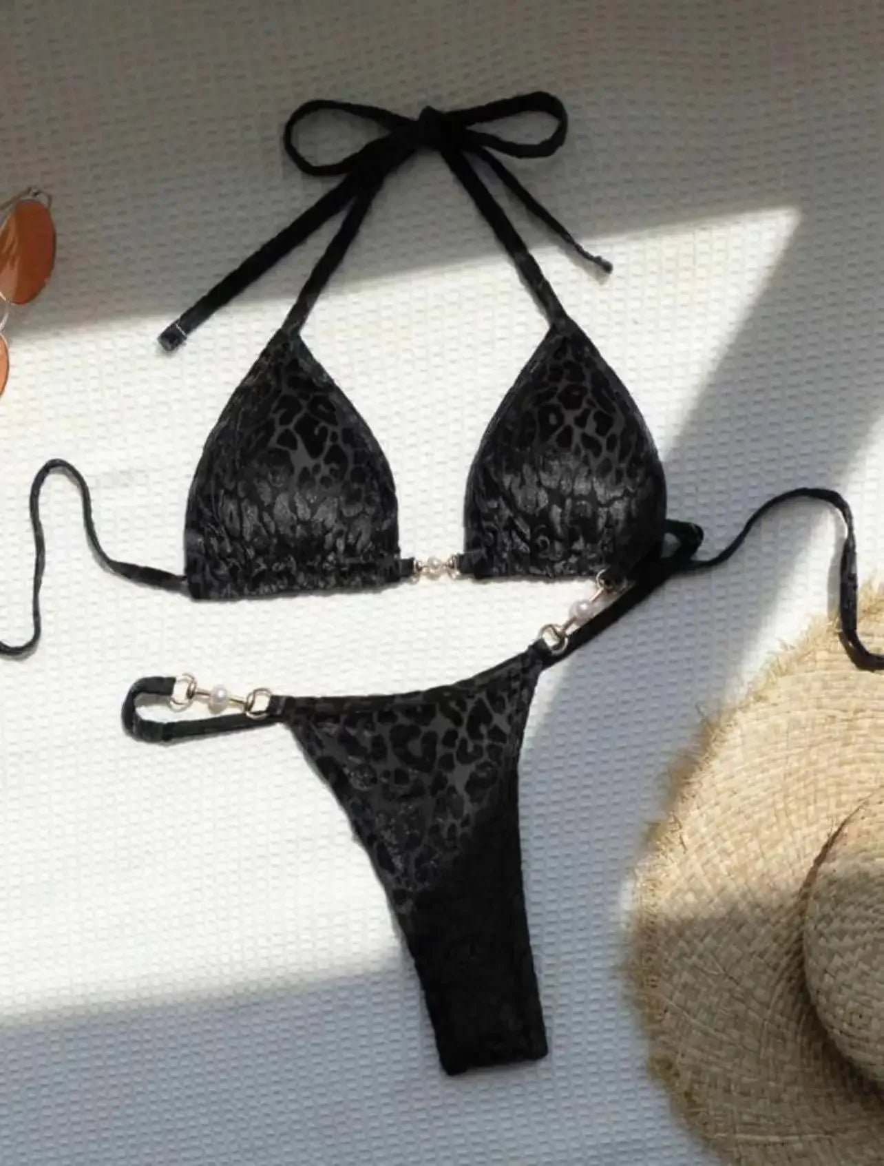 AMEHE Leopard Print Velvet Halter Two-Piece Bikini Swimsuit