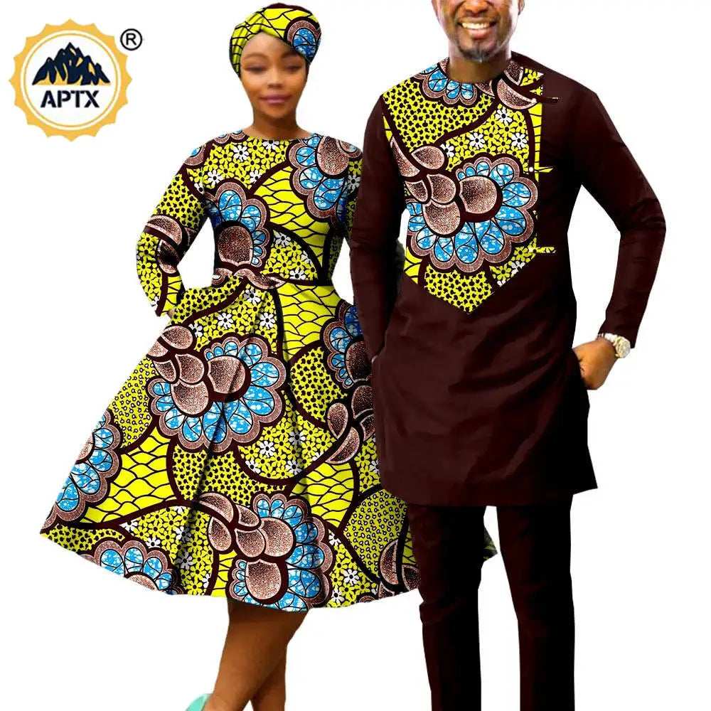 African Matching Couple Outfits – Women’s Print Dress & Headwrap with Men’s