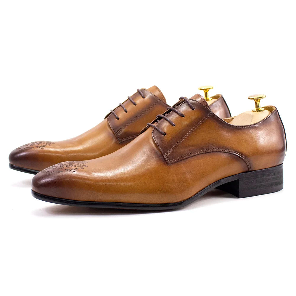 Elegant Men’s Oxford Derby Shoes – Genuine Leather, Pointed Toe