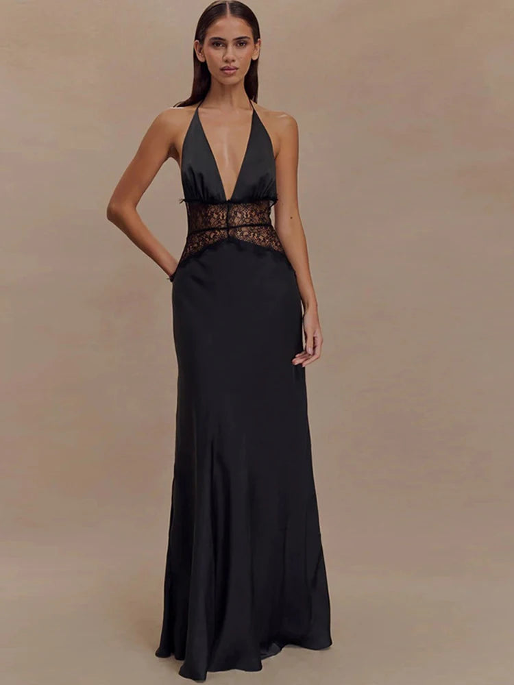 AMEHE Women's Lace Halter Deep V-Neck Backless Maxi Evening Dress