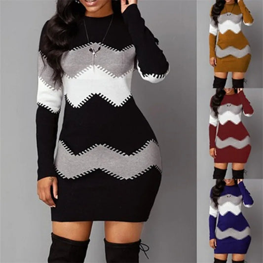 AMEHE Women's Rib Knit Patchwork Turtleneck Mini Sweater Dress