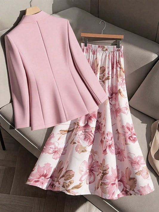 AMEHE Women’s Floral Blazer & A-Line Skirt – 2-Piece Outfit