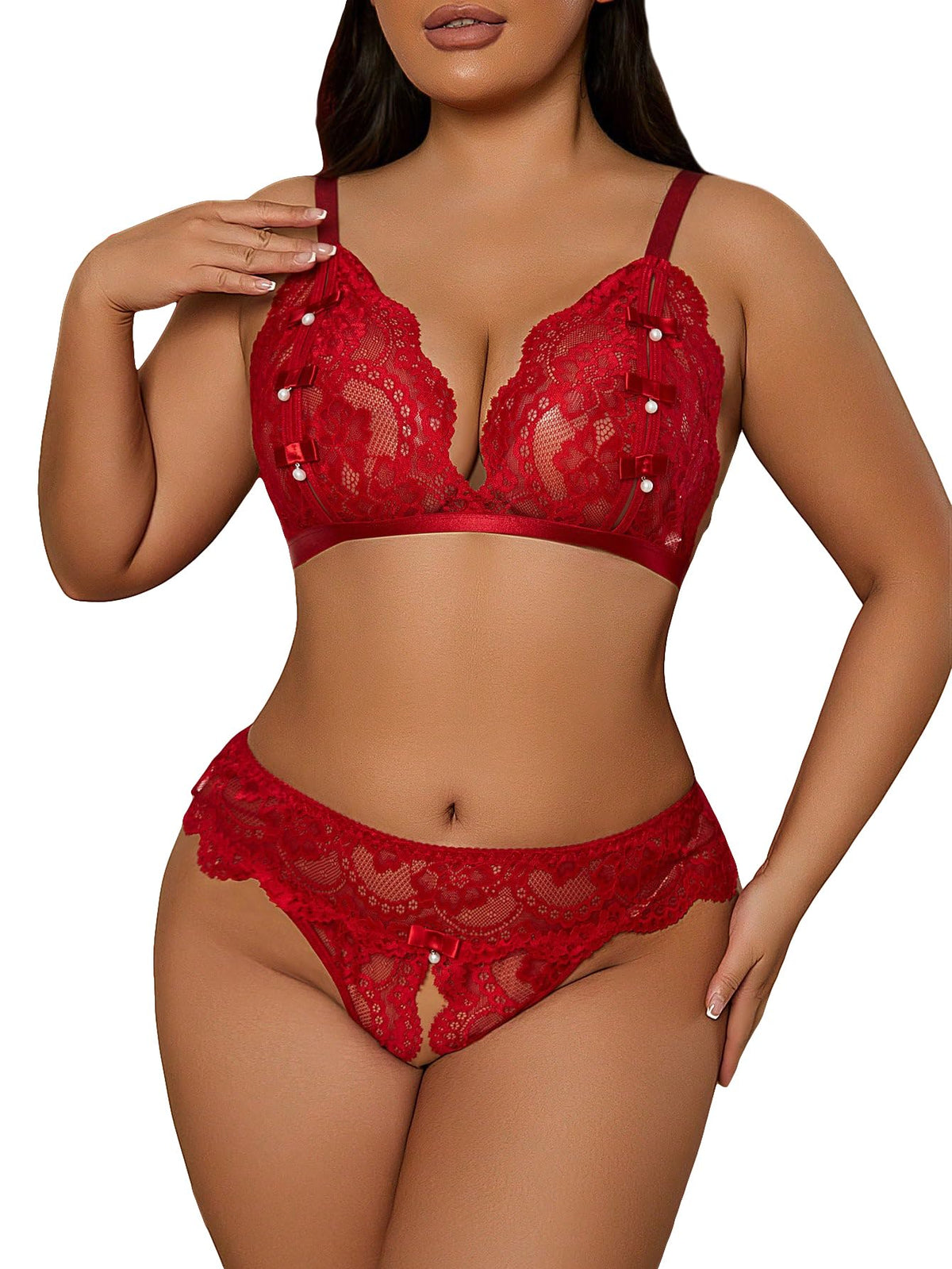 Plus Size Burgundy Sheer Lace 2-Piece Lingerie Set – Women’s Romantic Duo