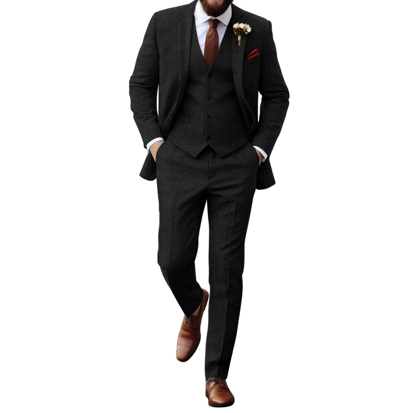 Men's 3-Piece Herringbone Tweed Suit – Slim Fit Formal Business Suit with Vest & Pants