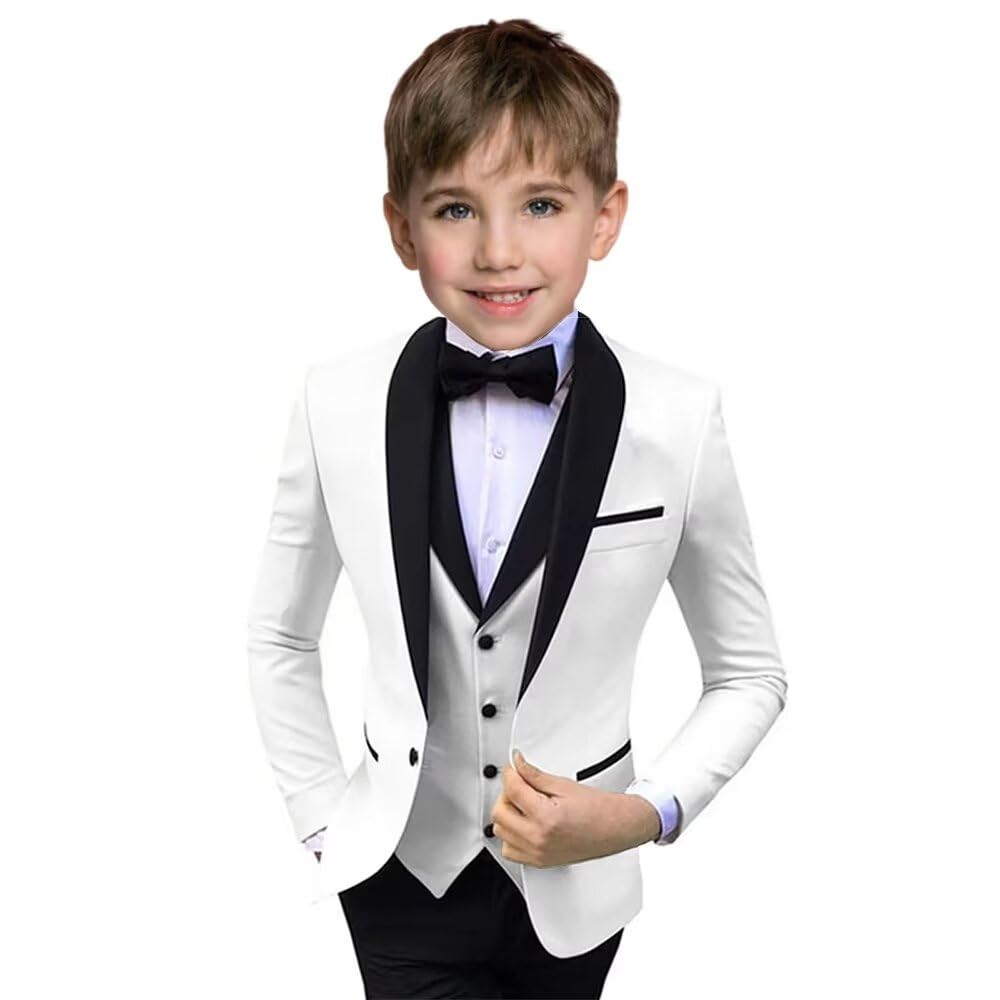 Boys’ 3-Piece White Formal Suit – Shawl Lapel Jacket, Vest & Adjustable Waist Pants, Sizes 2T–20