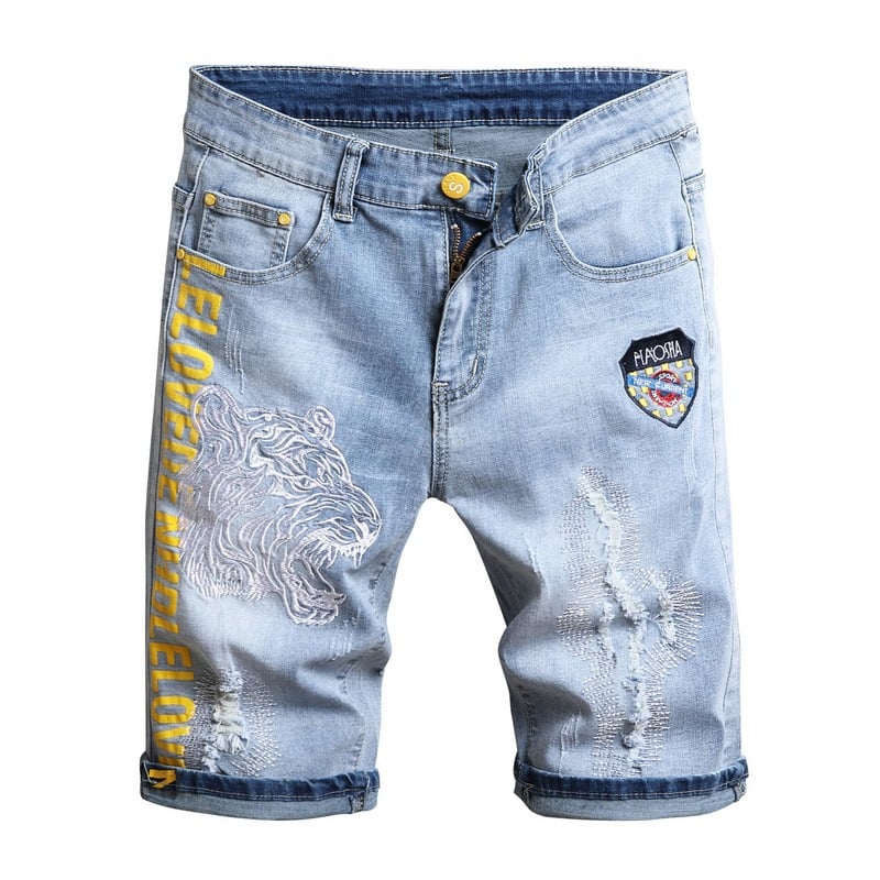Men's Stretch Denim Embroidered Shorts