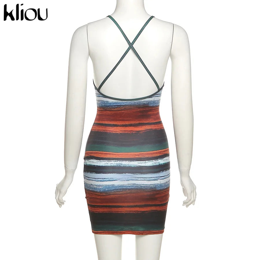 AMEHE Women's Panelled Striped Backless Slash-Neck Mini Dress