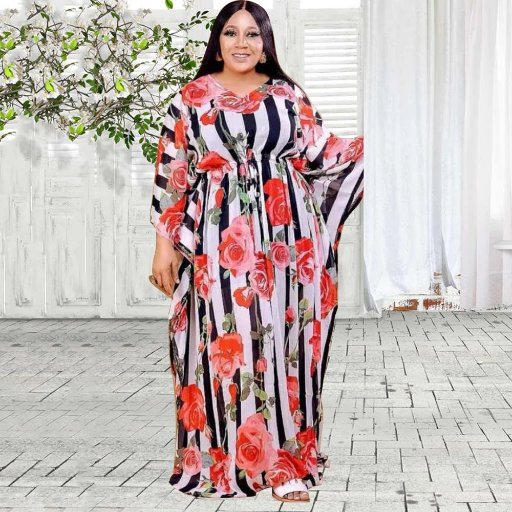 Women’s African Floral & Stripe Kaftan Maxi Dress – V-Neck Long Sleeve Boubou-Inspired Gown