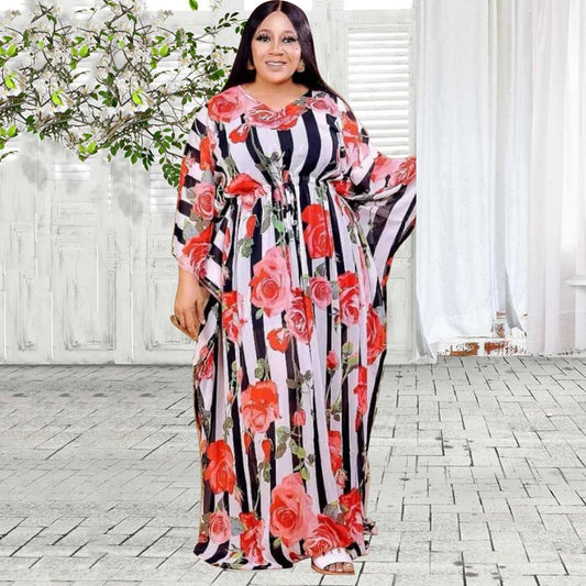 Women’s African Floral & Stripe Kaftan Maxi Dress – V-Neck Long Sleeve Boubou-Inspired Gown
