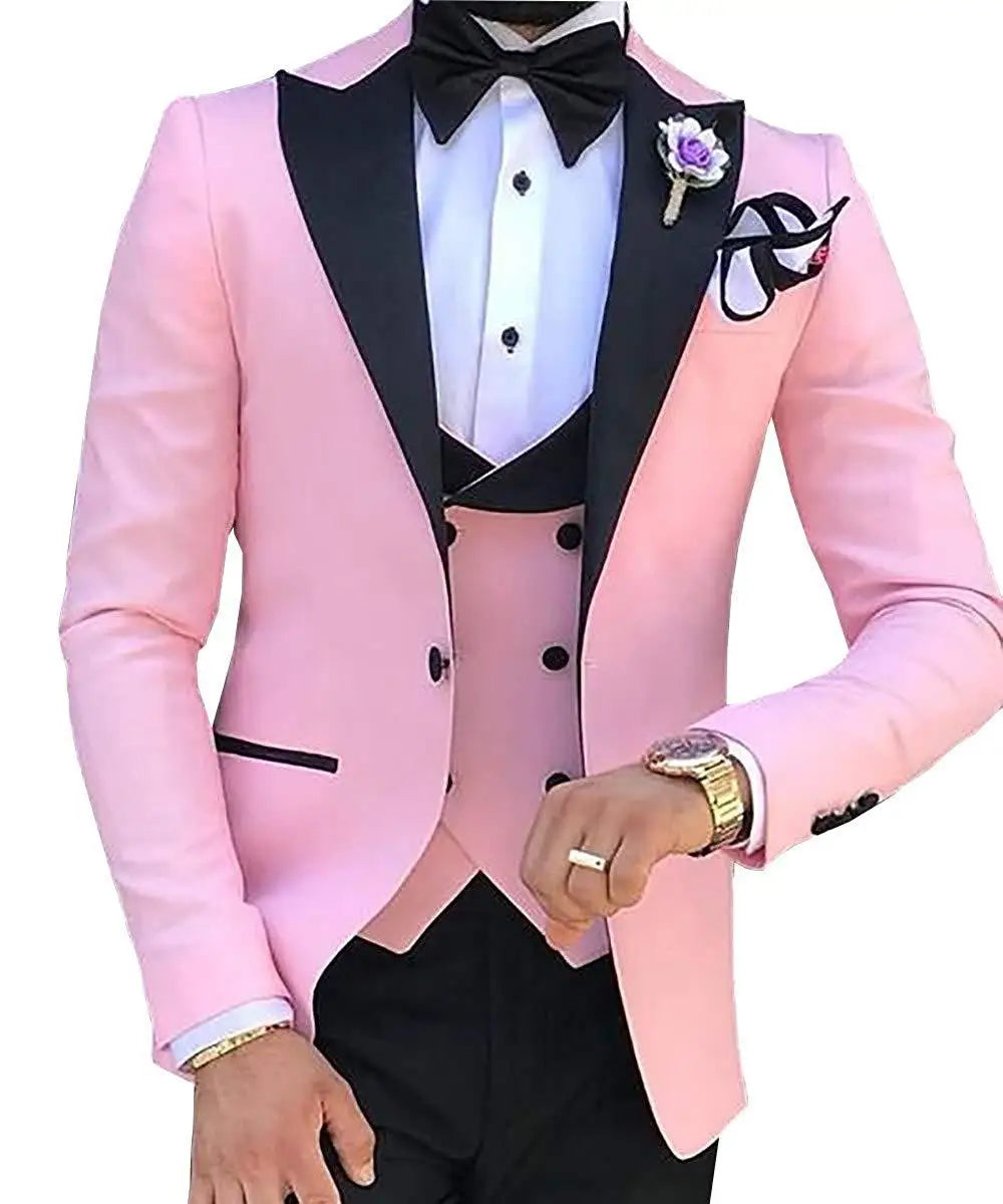 AMEHE Men’s Pink White 3-Piece Suit – Groom & Party Tuxedo