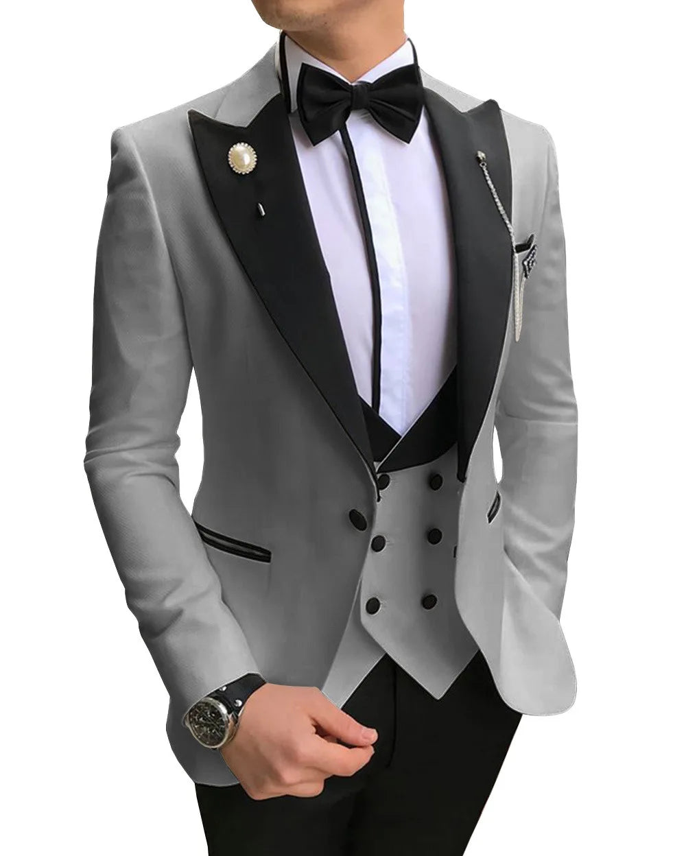 AMEHE Men’s Pink White 3-Piece Suit – Groom & Party Tuxedo