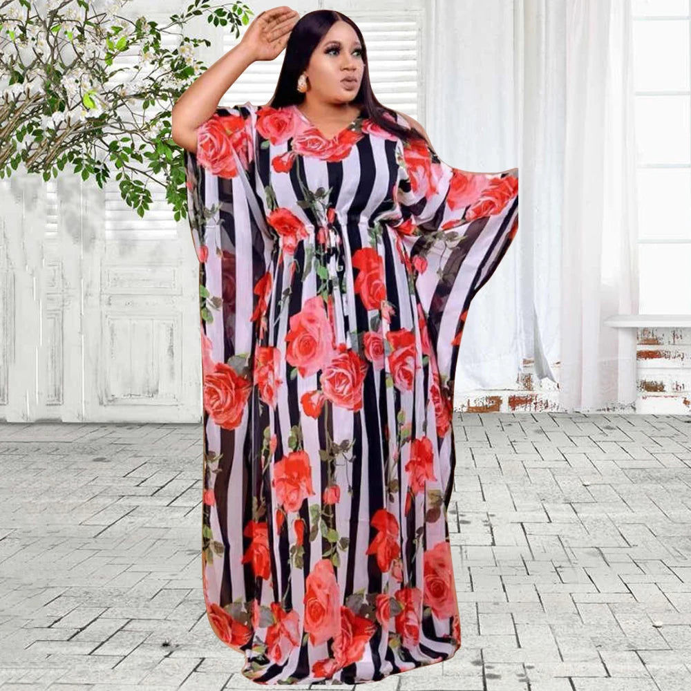Women’s African Floral & Stripe Kaftan Maxi Dress – V-Neck Long Sleeve Boubou-Inspired Gown