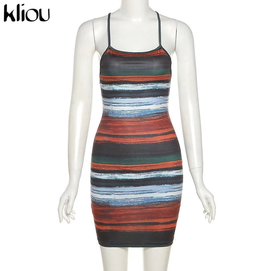AMEHE Women's Panelled Striped Backless Slash-Neck Mini Dress