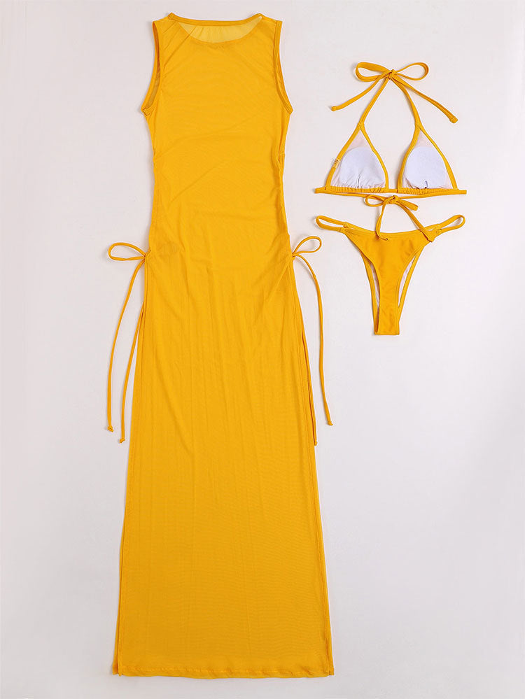 AMEHE 3-Piece Solid Color Bikini Set with Maxi Cover-Up Dress