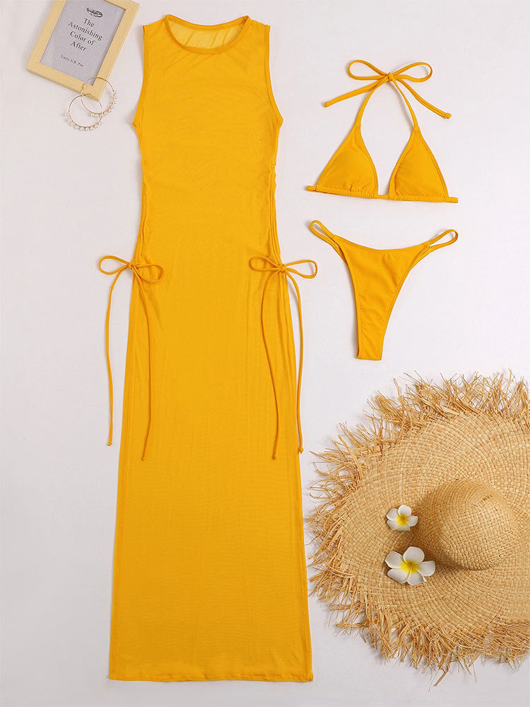 AMEHE 3-Piece Solid Color Bikini Set with Maxi Cover-Up Dress