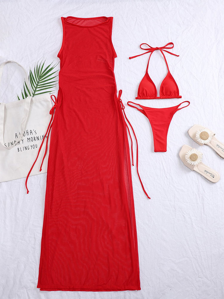 AMEHE 3-Piece Solid Color Bikini Set with Maxi Cover-Up Dress