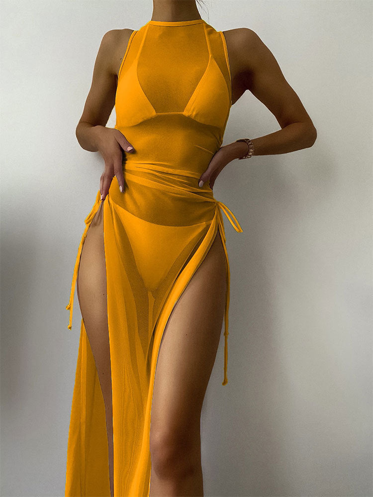 AMEHE 3-Piece Solid Color Bikini Set with Maxi Cover-Up Dress