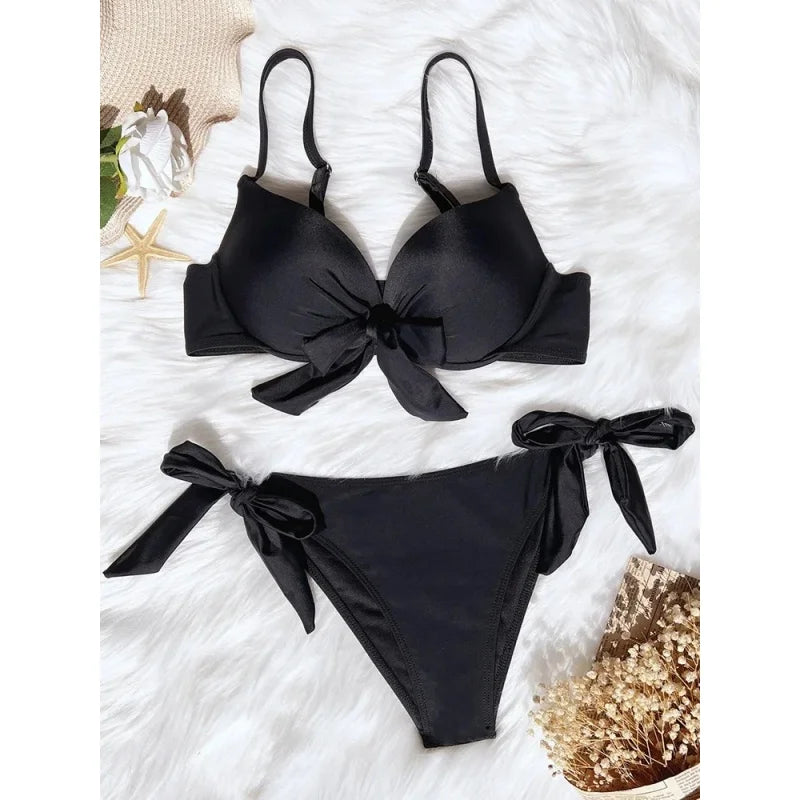 AMEHE Women's Classic Solid Color Push-Up Bandage Two-Piece Bikini