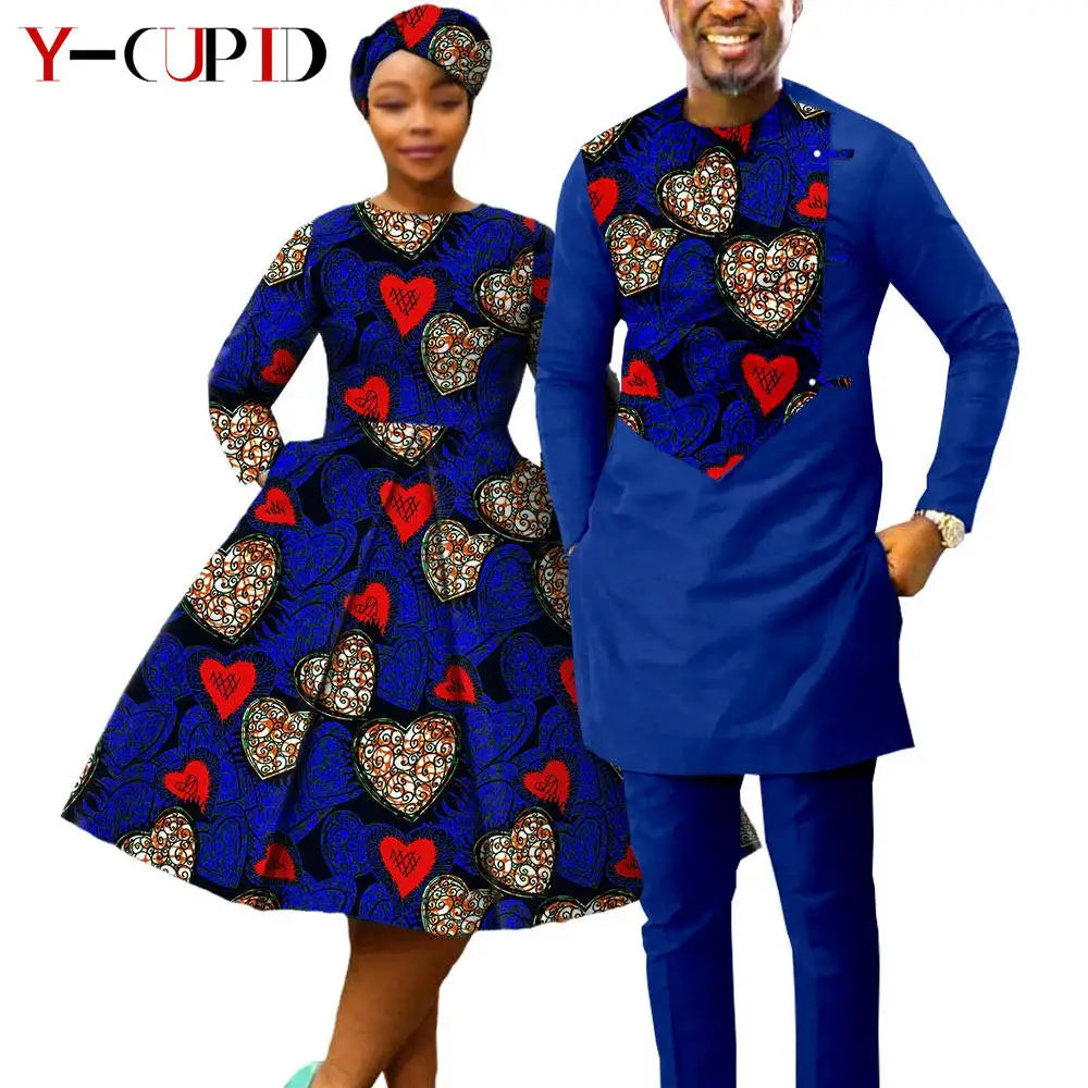 African Matching Couple Outfits | Dress, Headwrap & Men’s Dashiki Set