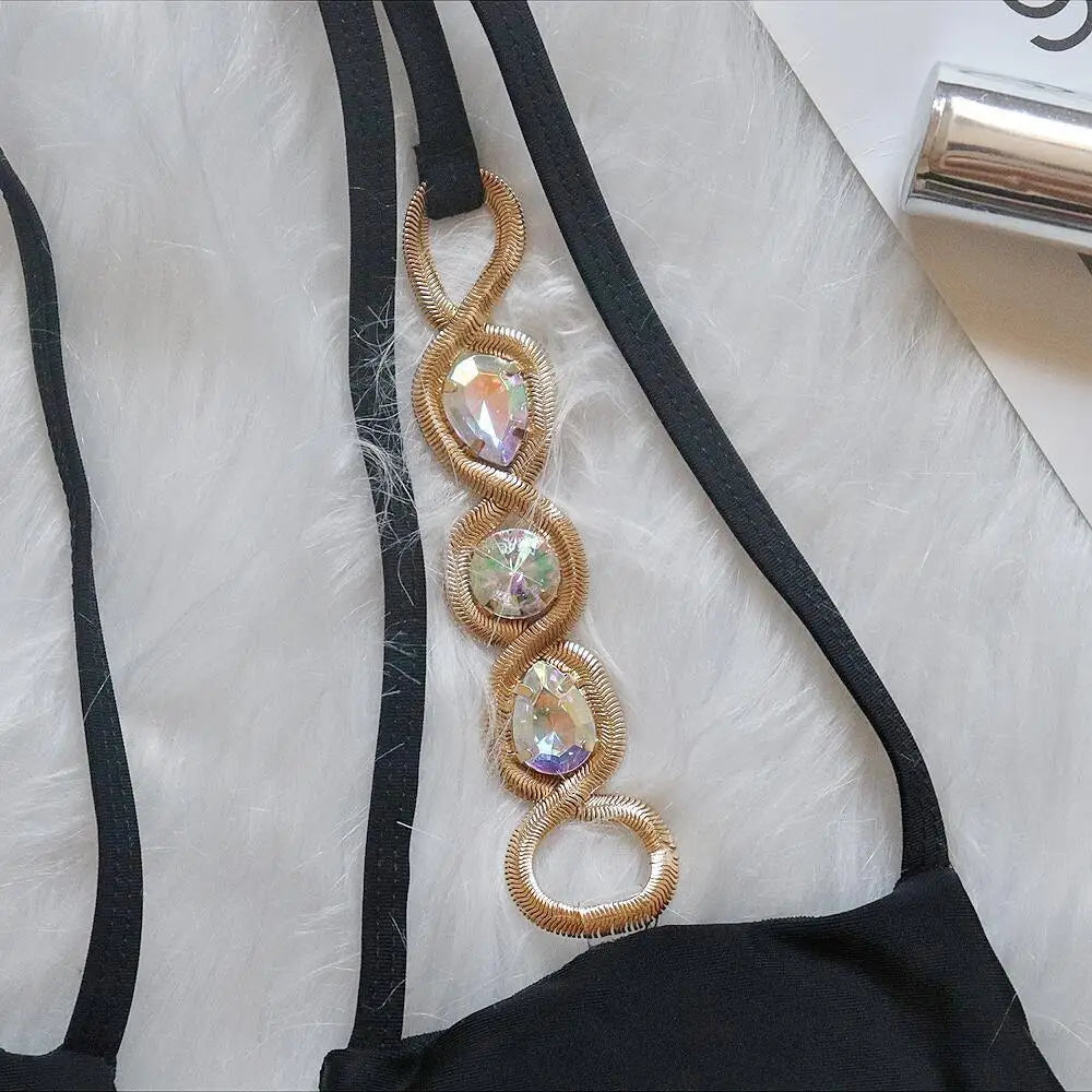 AMEHE Luxury Rhinestone Crystal Two-Piece Thong Bikini Swimsuit