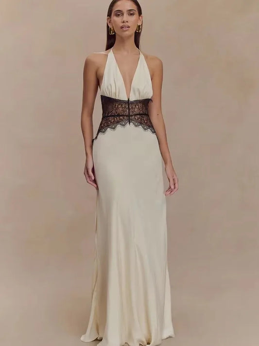 AMEHE Women's Lace Halter Deep V-Neck Backless Maxi Evening Dress