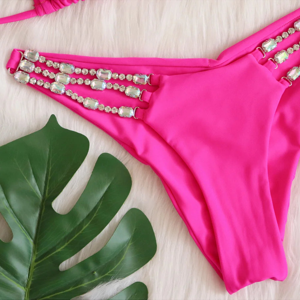 AMEHE Luxury Rhinestone Crystal Two-Piece Thong Bikini Swimsuit