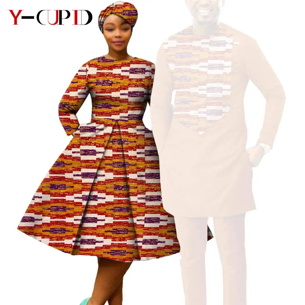African Matching Couple Outfits | Dress, Headwrap & Men’s Dashiki Set