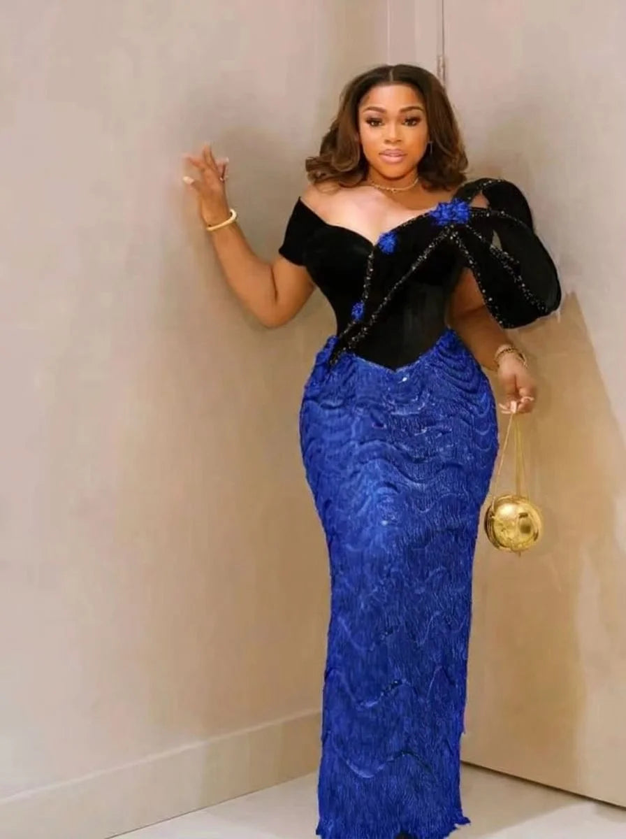 Women’s Black & Gold Velvet Mermaid Evening Gown – Luxury Formal Wedding & Prom Dress