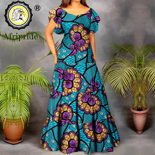 Women’s African Print Maxi Dress – Short Sleeve High Waist Elegant Party & Wedding Attire