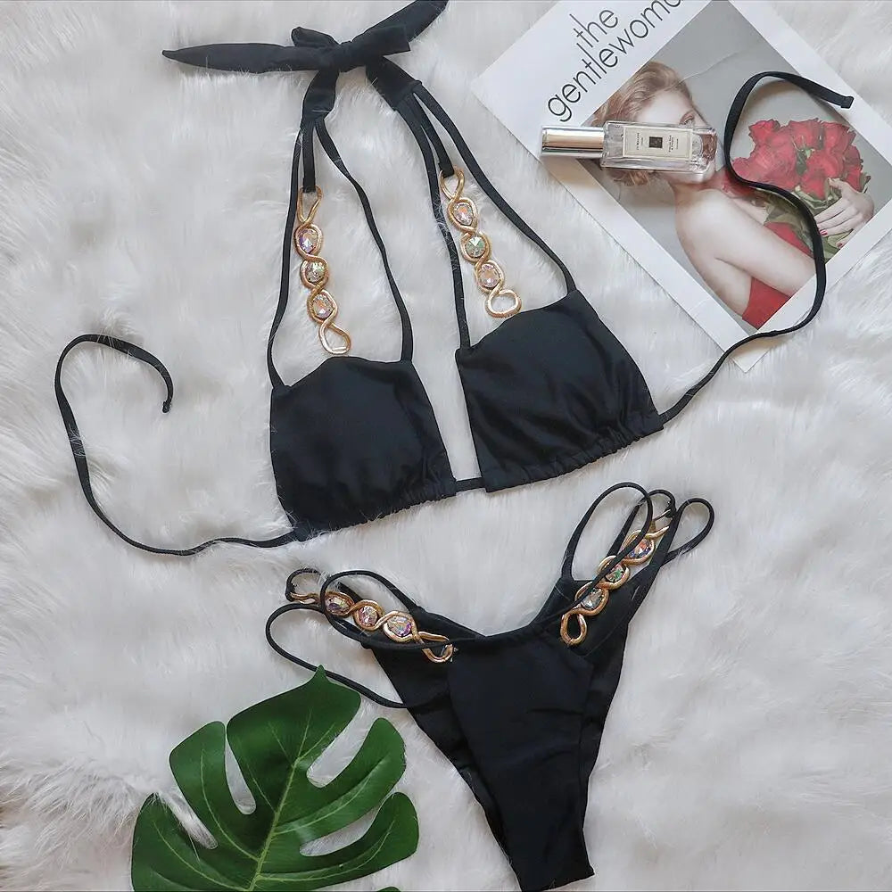 AMEHE Luxury Rhinestone Crystal Two-Piece Thong Bikini Swimsuit