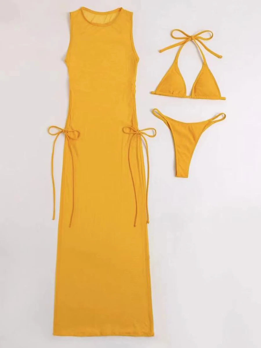 AMEHE Solid Color 3-Piece Bikini Set with Beach Cover-Up Dress