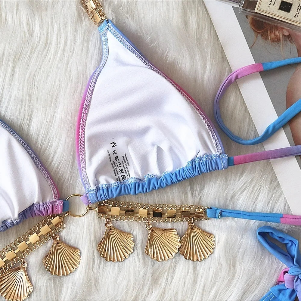 AMEHE Luxury Rhinestone Crystal Two-Piece Thong Bikini Swimsuit