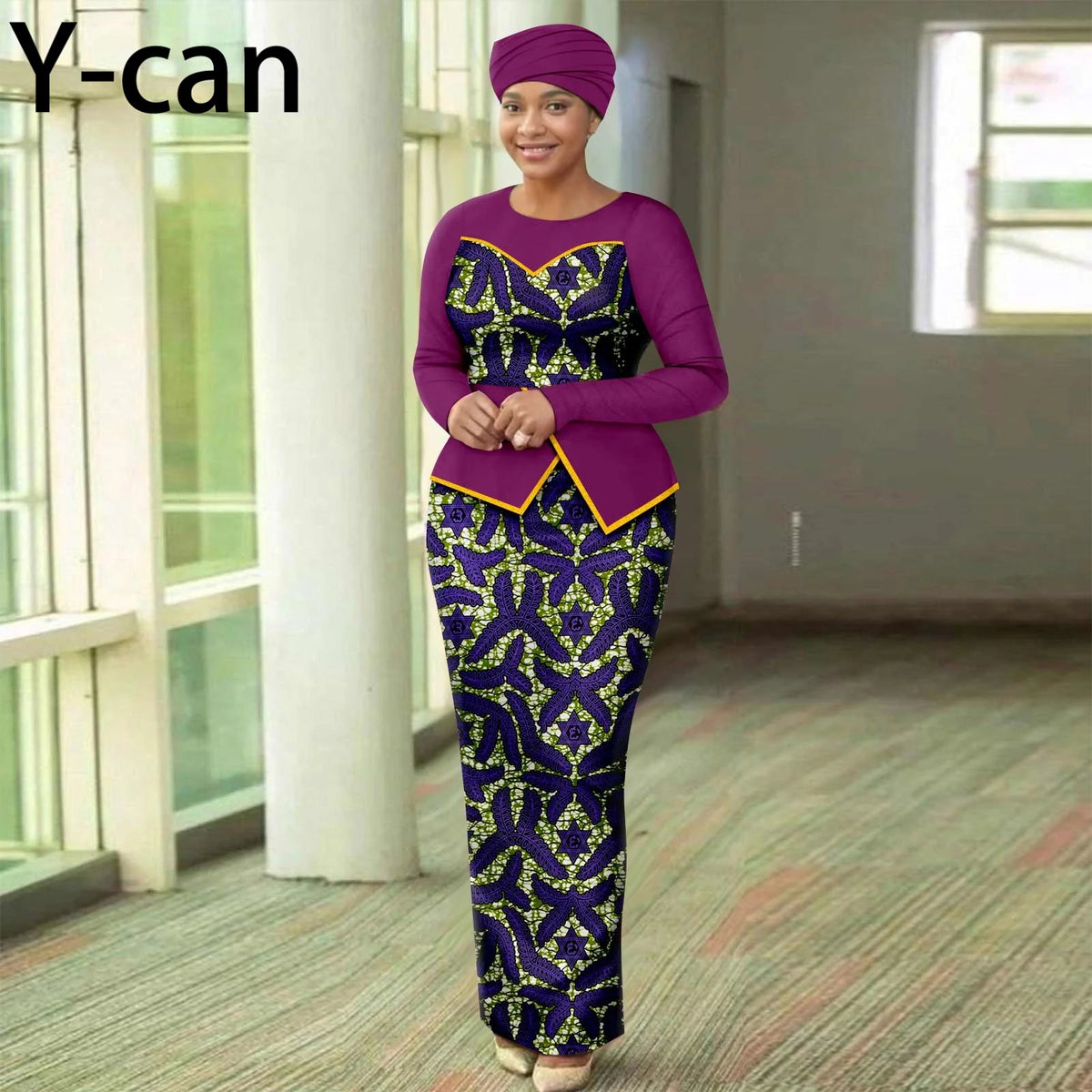 Women’s African Print Patchwork Gown with Headscarf – Elegant Wedding & Party Dress