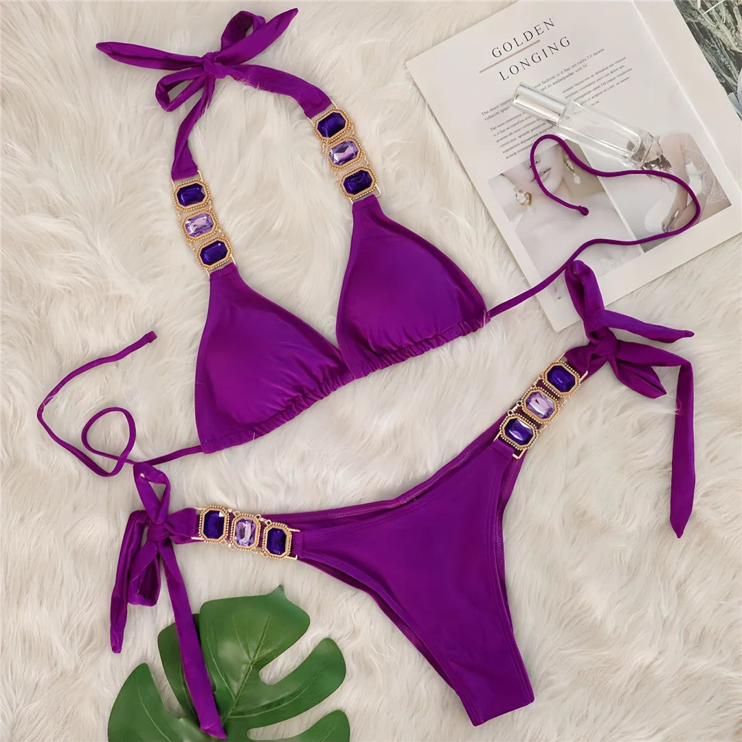 AMEHE Rhinestone Halter Two-Piece Bikini Swimsuit