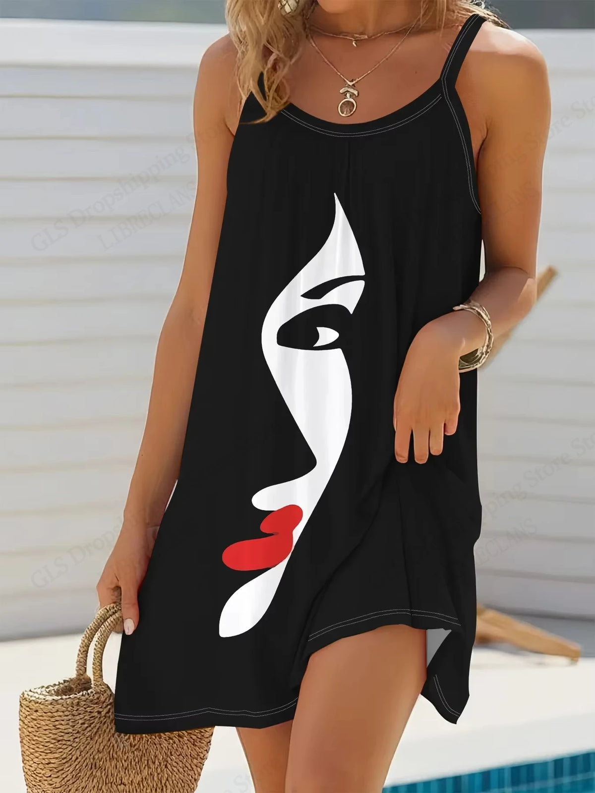 Women’s African Face Print Mini Sundress – Sleeveless Bohemian Beach Dress