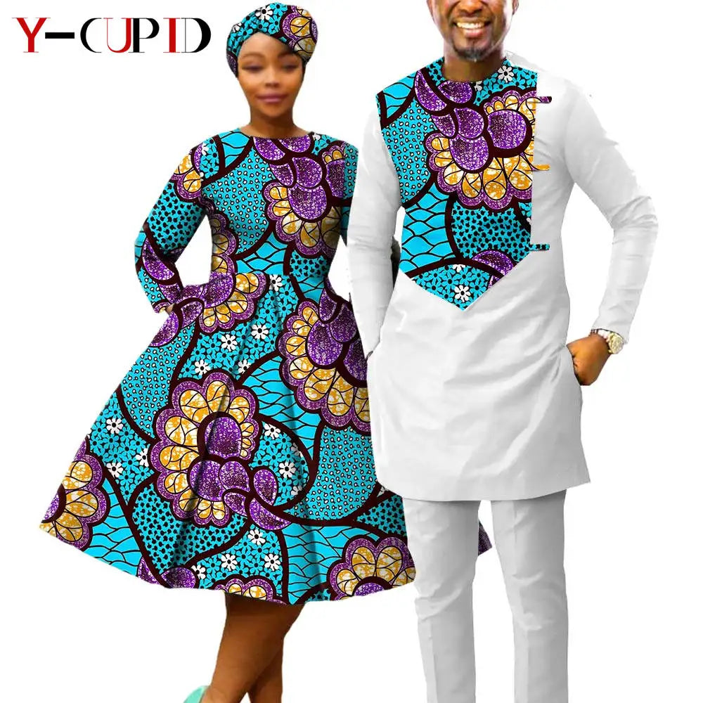 African Matching Couple Outfits | Dress, Headwrap & Men’s Dashiki Set