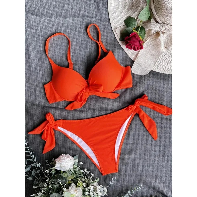 AMEHE Women's Classic Solid Color Push-Up Bandage Two-Piece Bikini