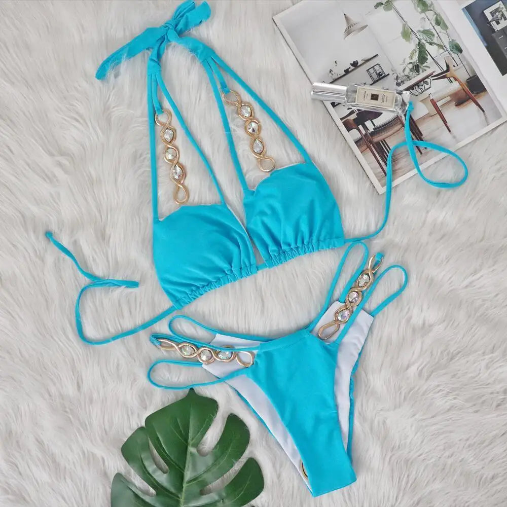 AMEHE Luxury Rhinestone Crystal Two-Piece Thong Bikini Swimsuit