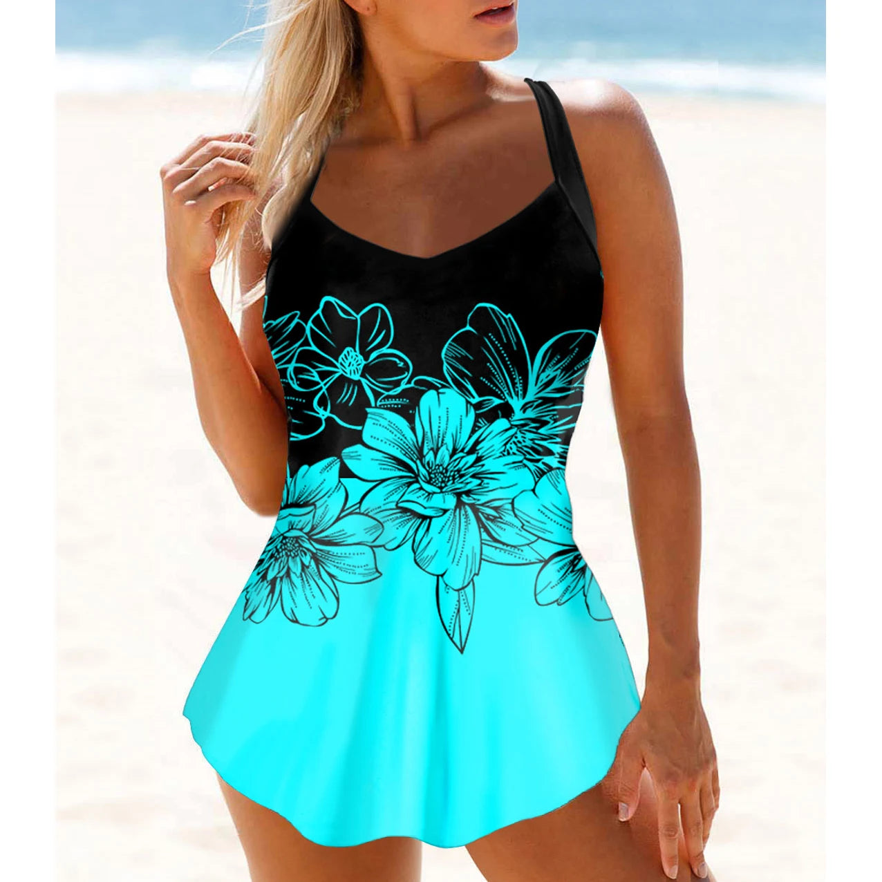 AMEHE Peony Flower Print Two-Piece Tankini Swimsuit (S–6XL)